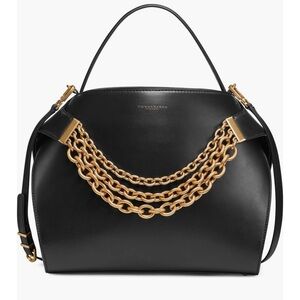 New Donna Karan NewYork Plandome Gold Chain Black Leather Satchel Shoulder Bag